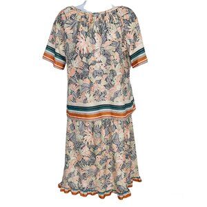 Vintage 80s Womens M Blouse Skirt Set Orange Blue Floral 2 Pce